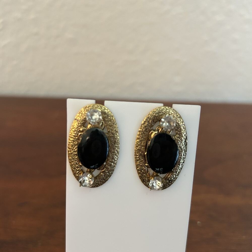 Vintage Gold Tone Earrings Black Stone & Clear Rhinestones Oval 80s Studs
